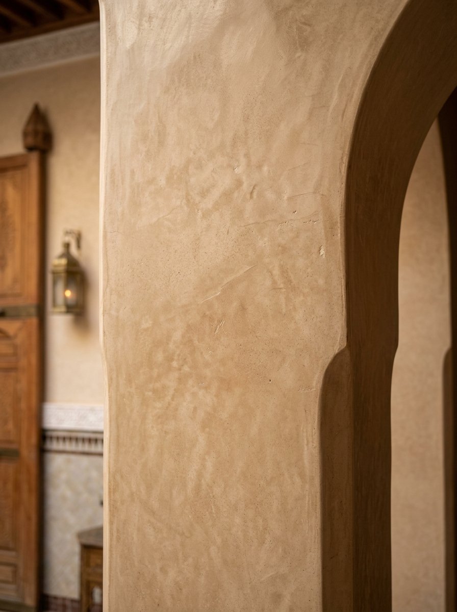 Textured tan stucco archway with subtle markings in a traditional room.