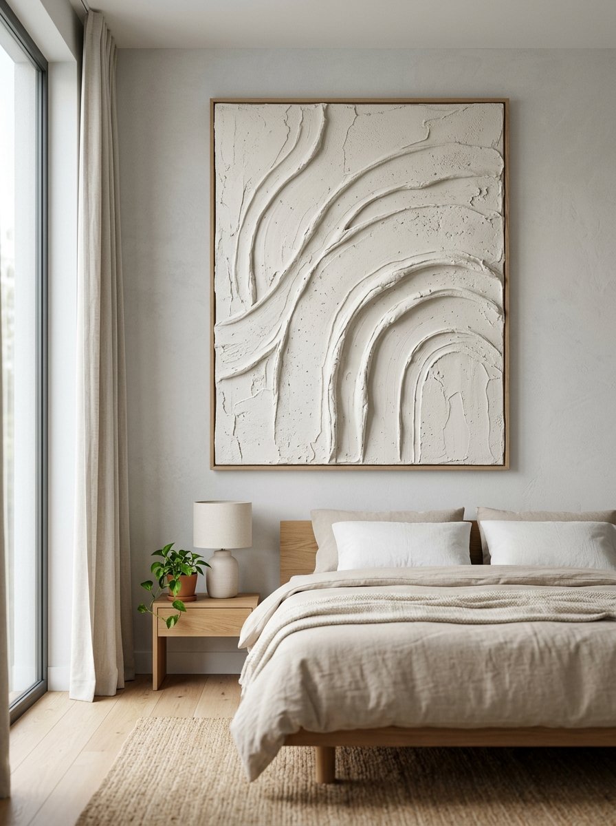 Large framed white relief painting with arched texture hanging over a beige bedroom set.