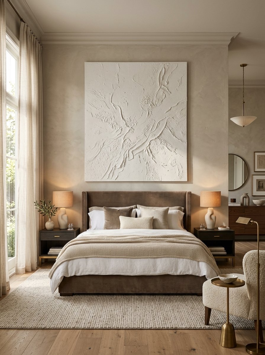 A beige bedroom with a brown upholstered bed, bedside lamps, and sculptural white artwork on the wall.