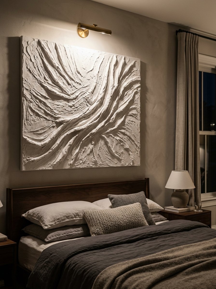 A bedroom wall featuring a large, raised-relief white abstract painting with dramatic lighting above a wooden bed.