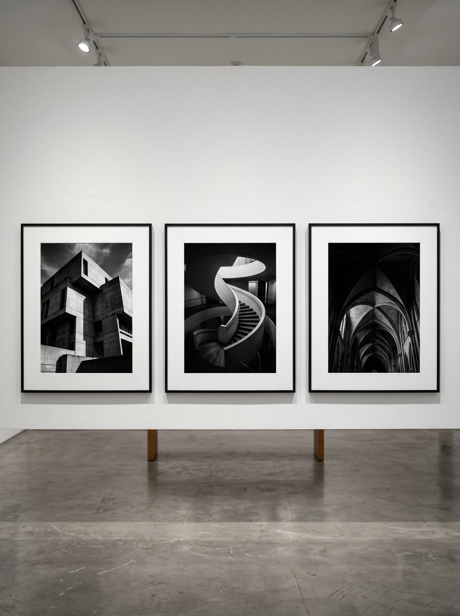 Three framed monochrome photos featuring brutalist building, spiral staircase, and gothic arches in a gallery.