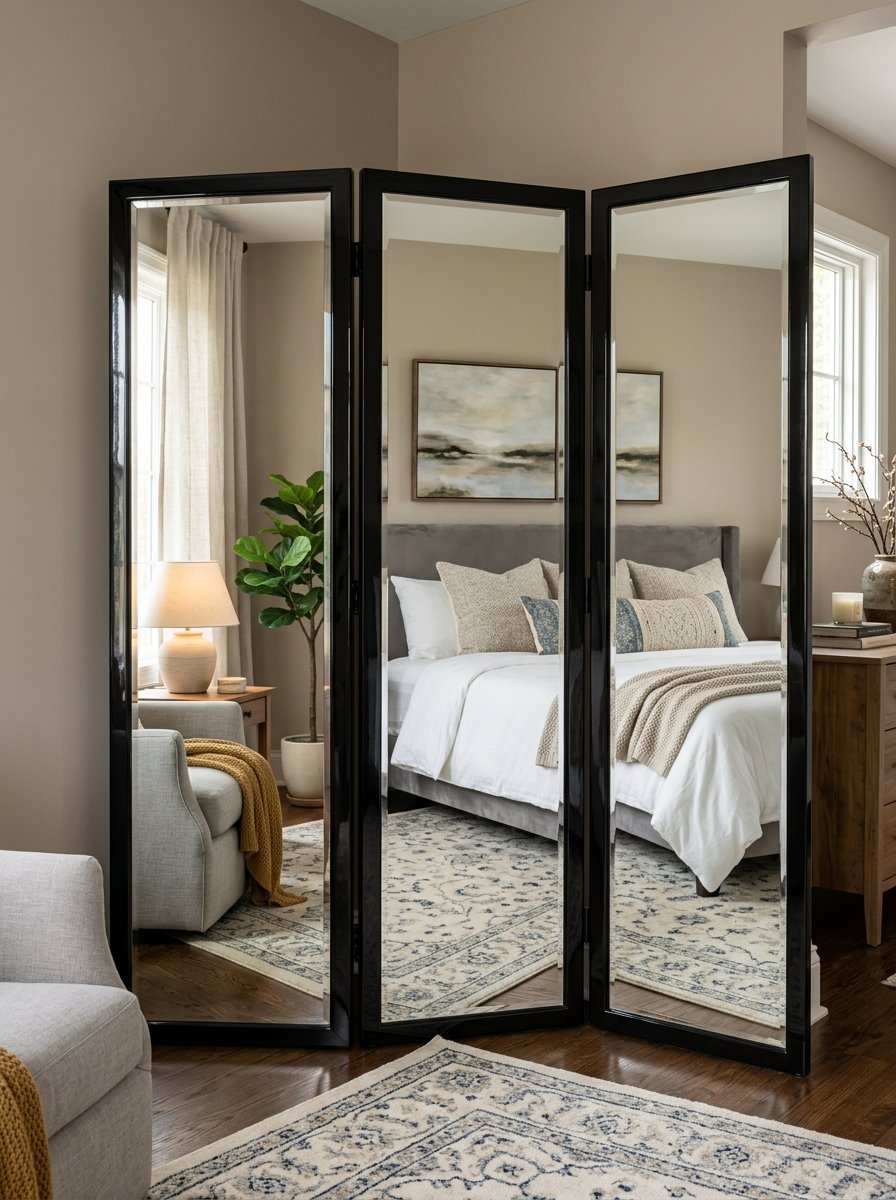 A hinged three-panel floor mirror with a black frame reflecting a bedroom with a bed, armchair, and area rug.