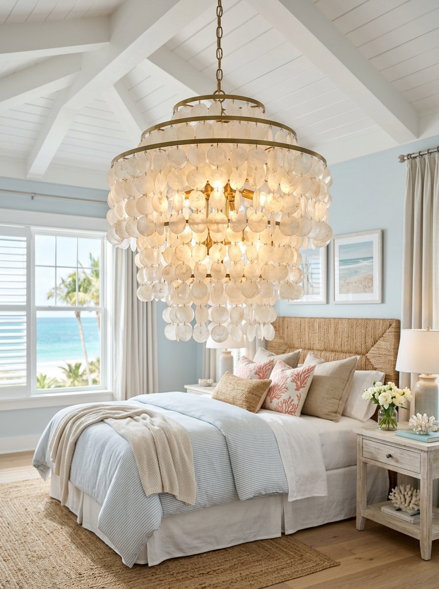 Round multi-tiered hanging light fixture made of translucent white seashell discs in a bedroom.