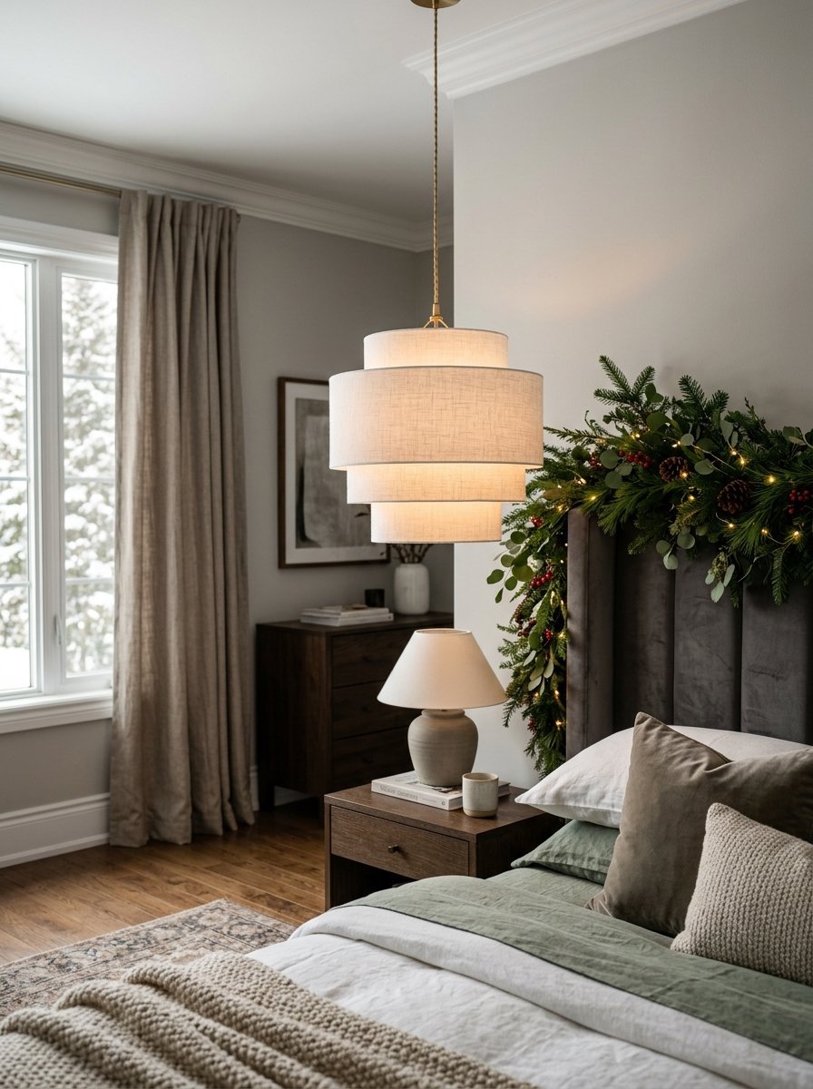 A beige three-tier drum pendant lamp illuminates a festive bedroom with Christmas garland over the headboard.
