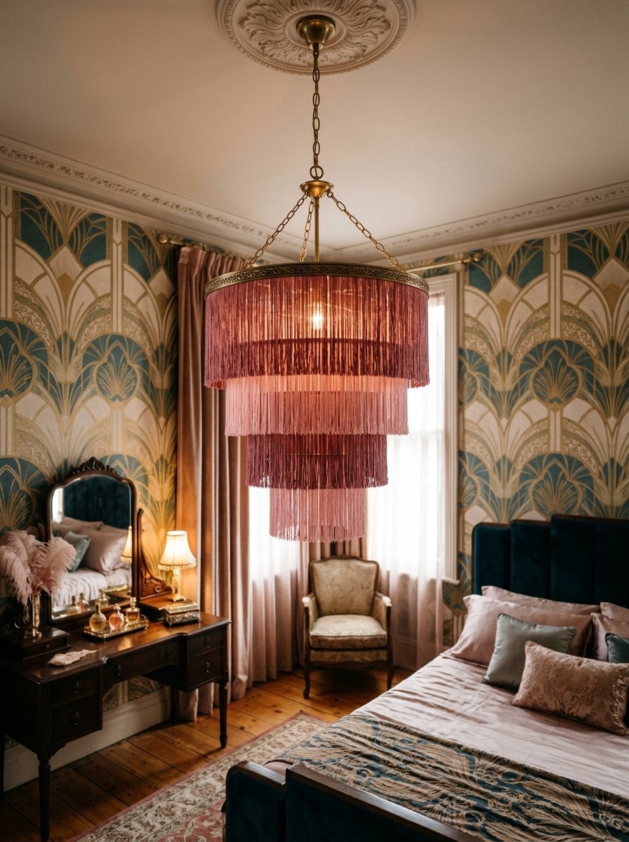 A multi-layered pink tassel light fixture suspended in a bedroom with teal and gold patterned wallpaper.