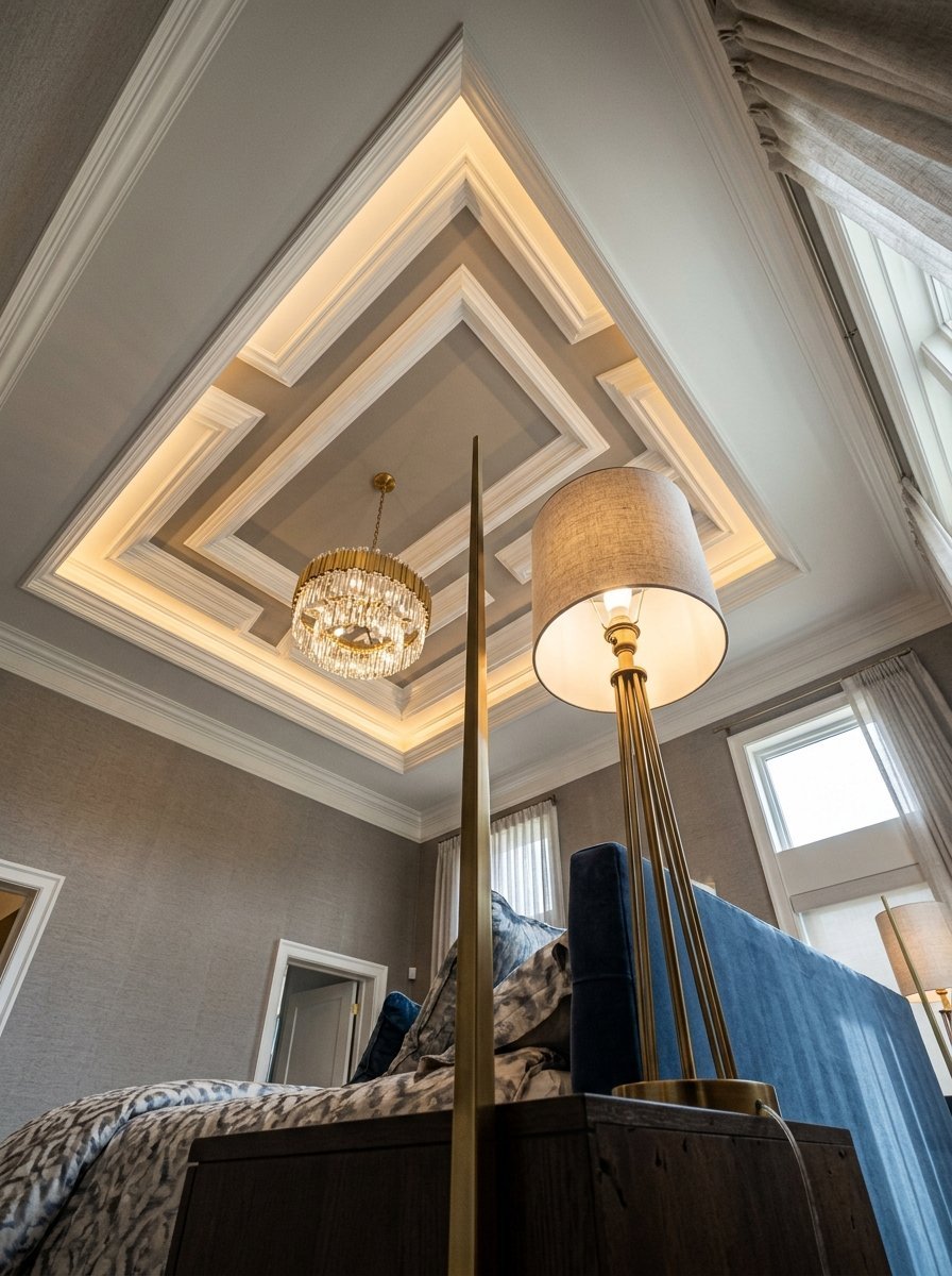 Low angle view of a luxury bedroom with a tiered tray ceiling, crystal chandelier, and floor lamp.