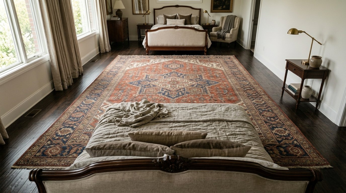 Spacious bedroom features a large, ornate rust and blue patterned rug on dark hardwood floors.