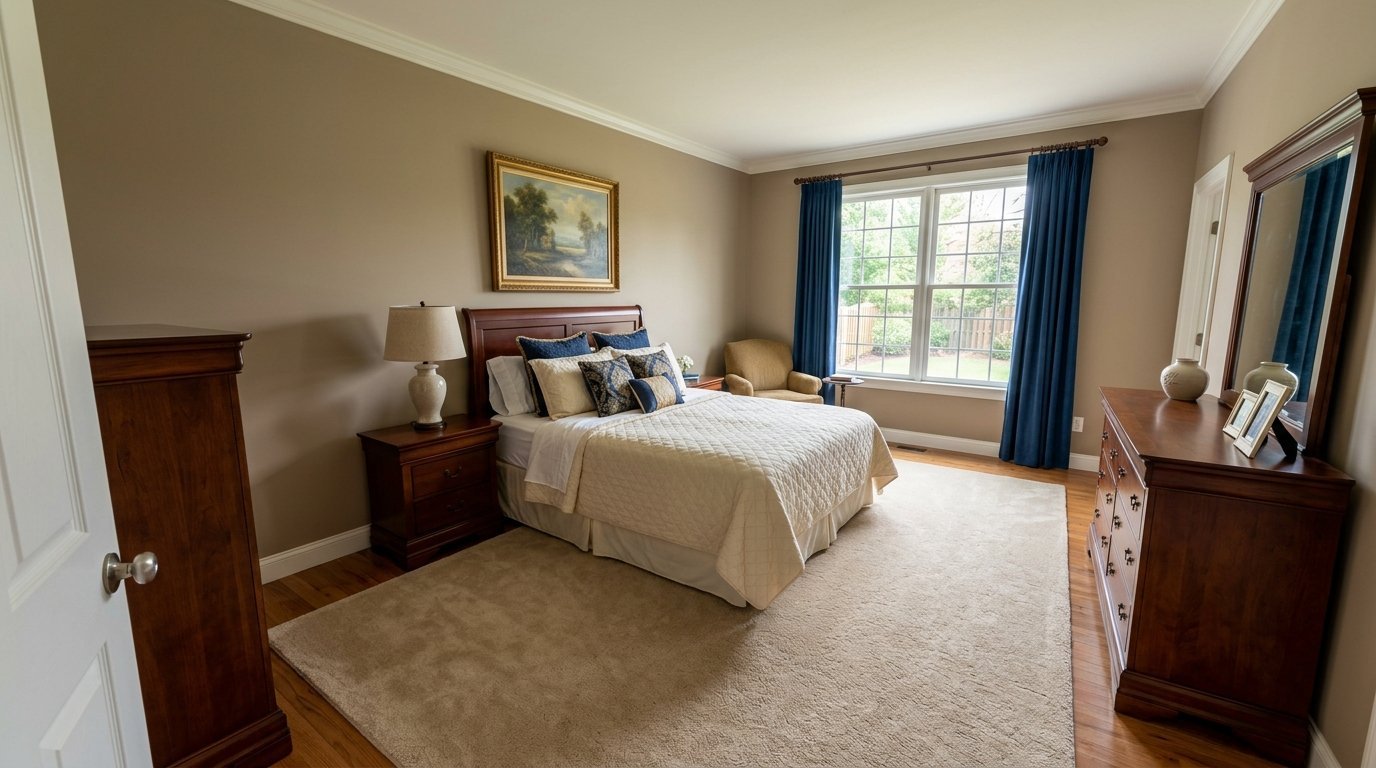 Spacious bedroom with a queen bed, wooden dresser, beige walls, and blue window drapery.