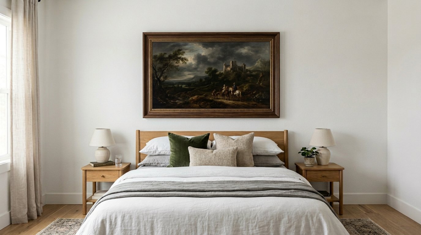 A framed antique painting of a castle landscape hangs over a king bed with olive and tan decorative pillows.
