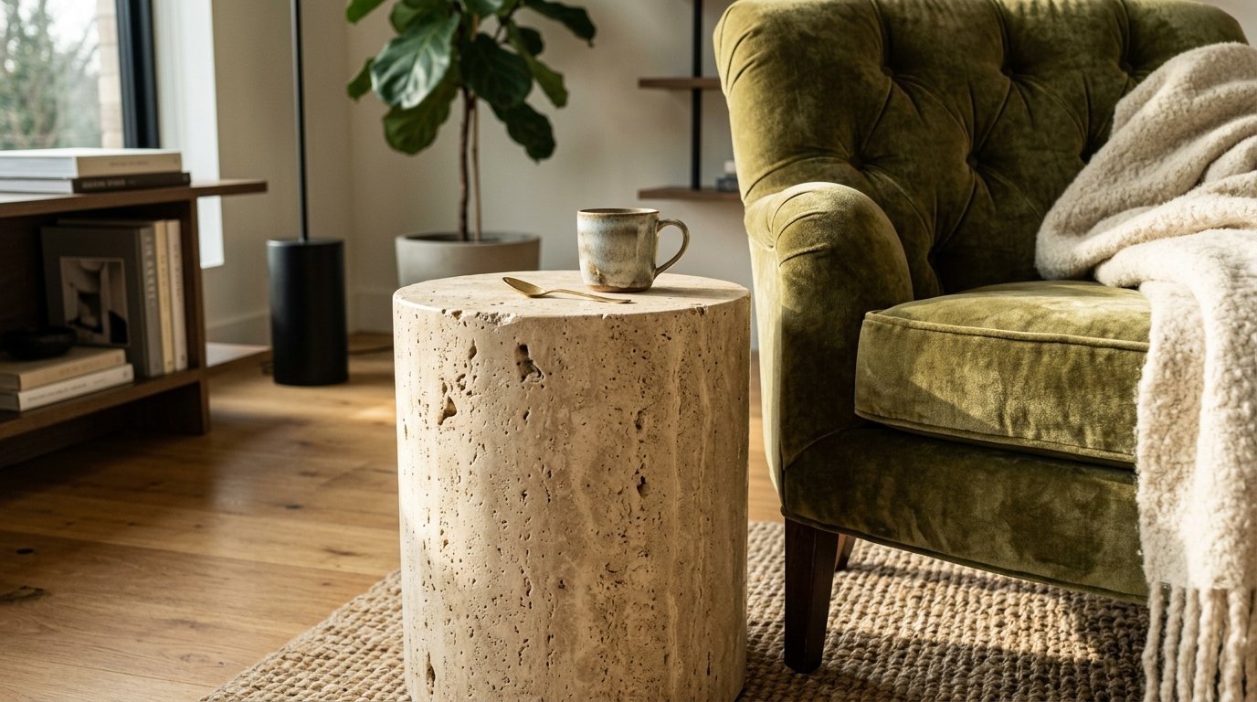 Round beige travertine stone table with a coffee mug and spoon next to a tufted olive velvet chair.