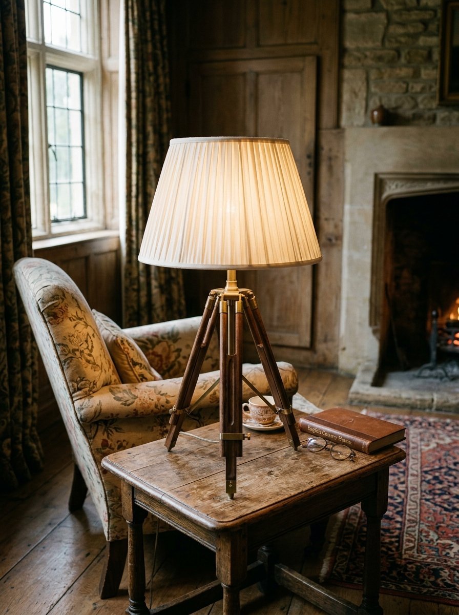 A wooden tripod table lamp with a pleated shade sits on a rustic side table beside a floral armchair.