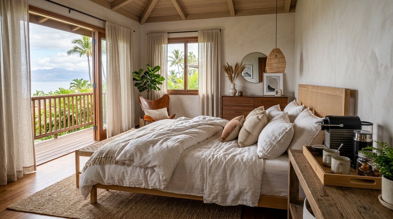 A resort-style bedroom with a neutral linen bed, rattan furniture, and an open balcony overlooking the palm trees.