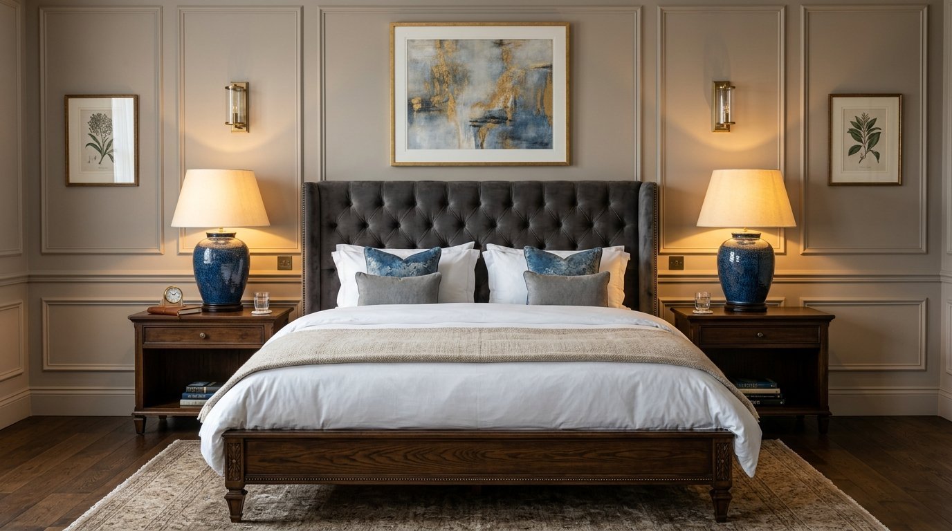 A bedroom with a grey tufted headboard, white bedding, and two dark wooden nightstands with blue ceramic table lamps.