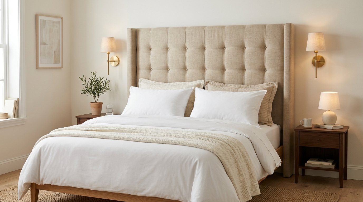 A beige tufted wingback headboard centered behind a bed with white linens and warm wall sconce lighting.