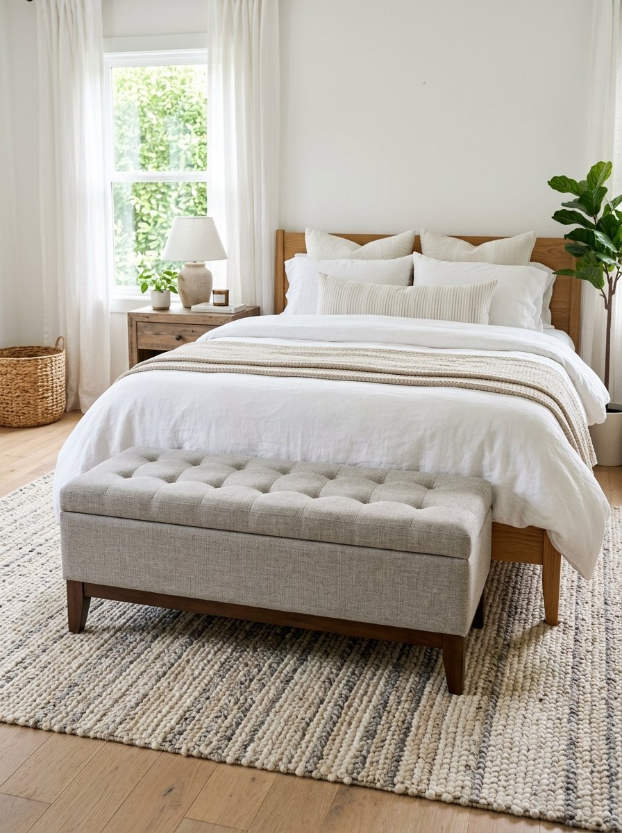 A beige tufted ottoman sits on a textured rug in front of a white bed with a wooden frame and natural decor.