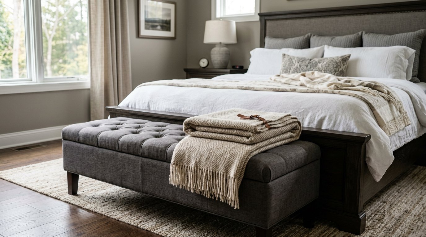 A grey tufted ottoman sits at the end of a master bed with a folded beige herringbone throw blanket on top.