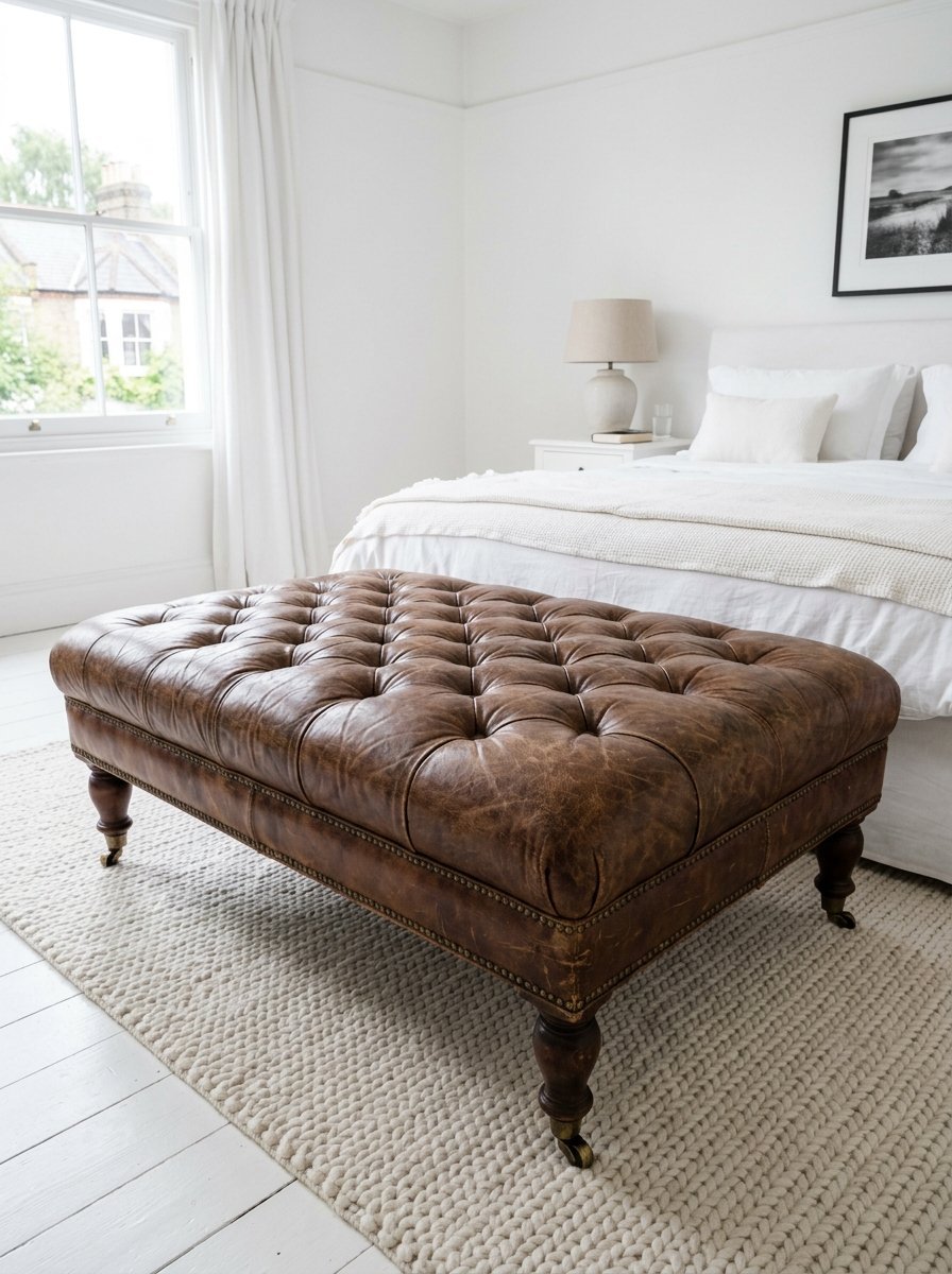 A brown leather, button-tufted ottoman placed on a textured cream rug in a bright, white bedroom.