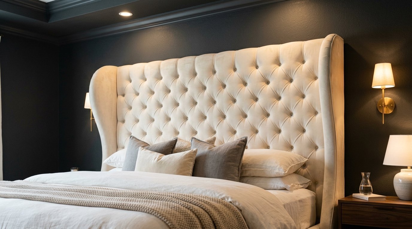 Luxurious cream-colored velvet headboard featuring deep button tufting in a sophisticated bedroom interior.