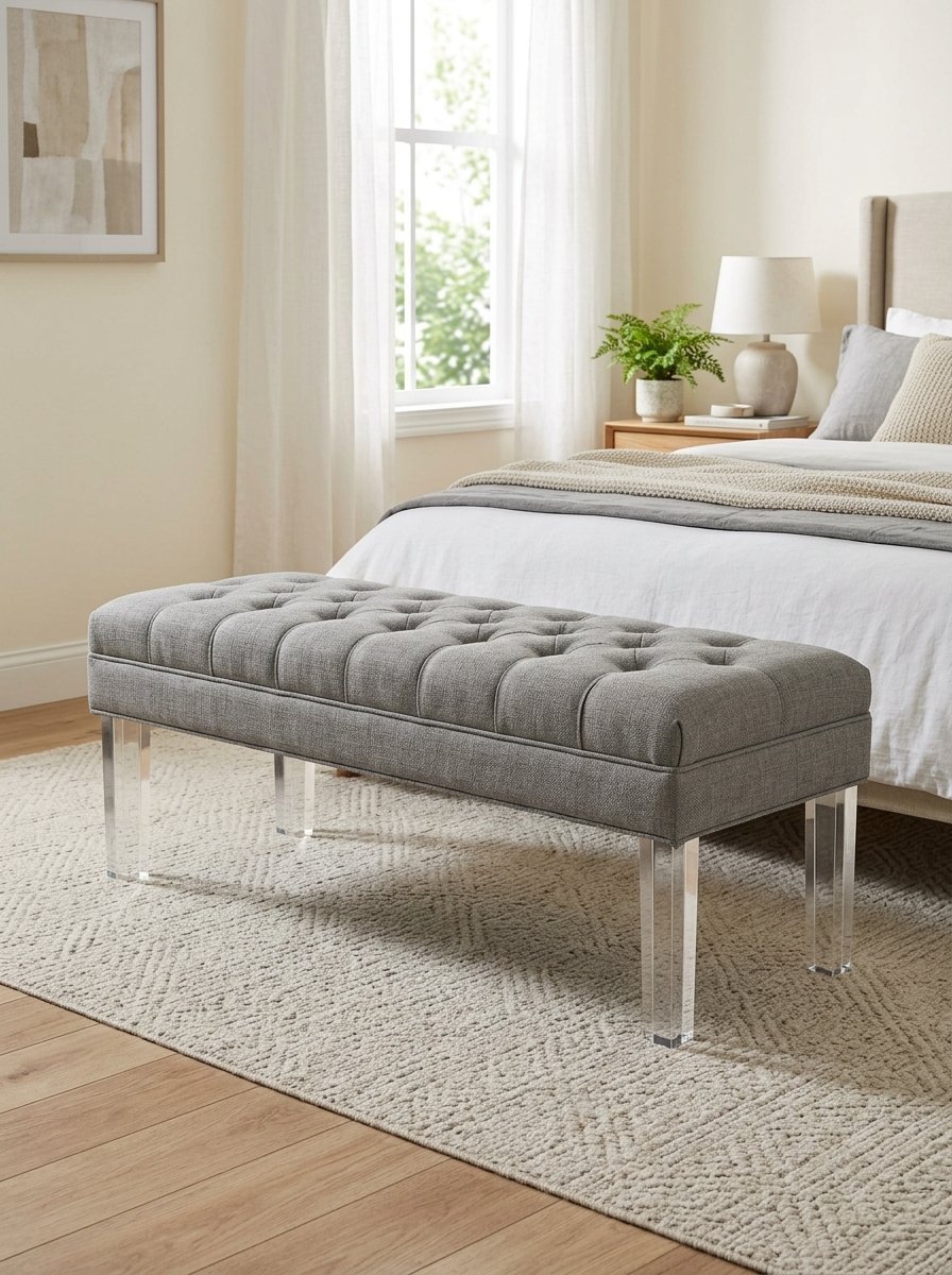 Grey tufted fabric bench with transparent acrylic legs placed at the foot of a bed in a bright bedroom.