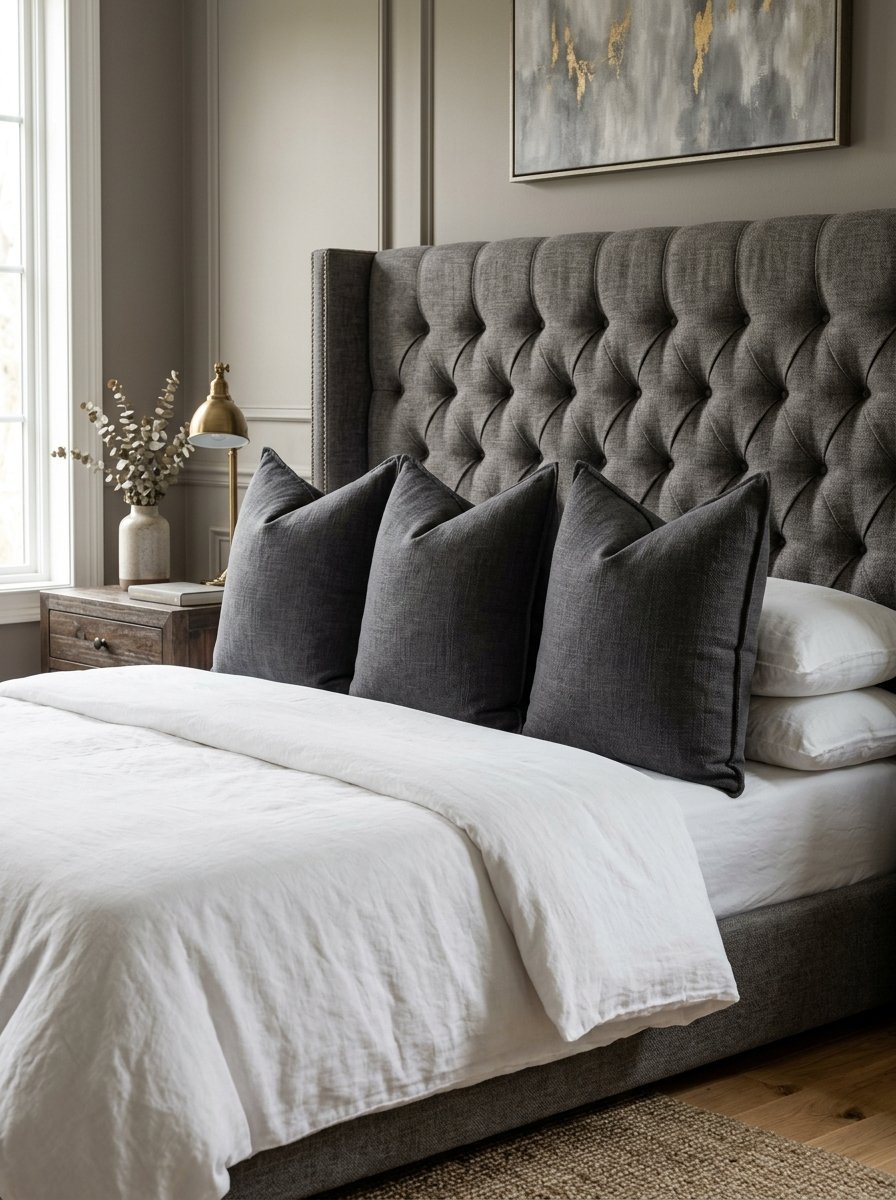 Close up of a tufted grey wingback headboard with charcoal pillows and white bedding.