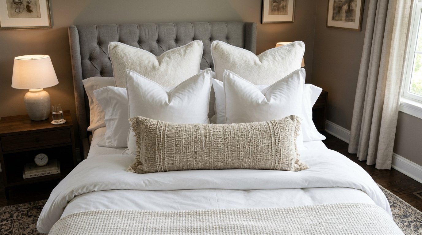 Grey tufted headboard with white pillows and a textured tan lumbar cushion on a made bed.