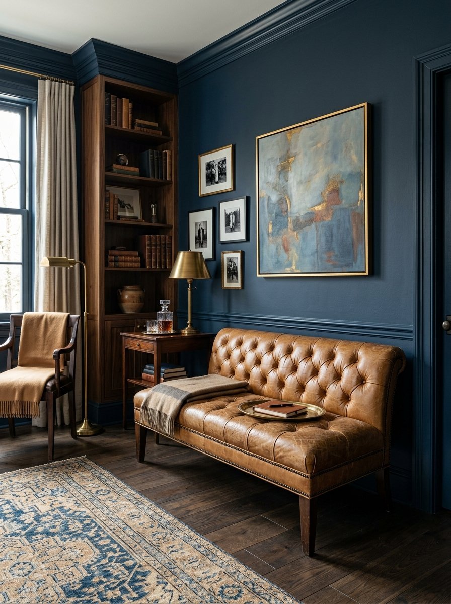 A cognac leather tufted bench sits in a study with dark blue paneled walls, artwork, and a patterned area rug.