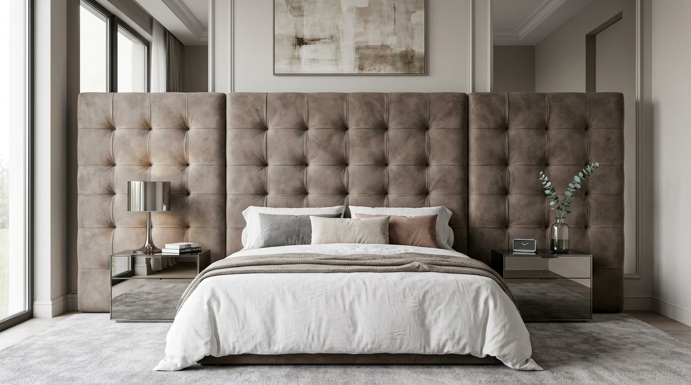 King size bed with tall tufted brown leather headboard and mirrored nightstands in a neutral contemporary bedroom.