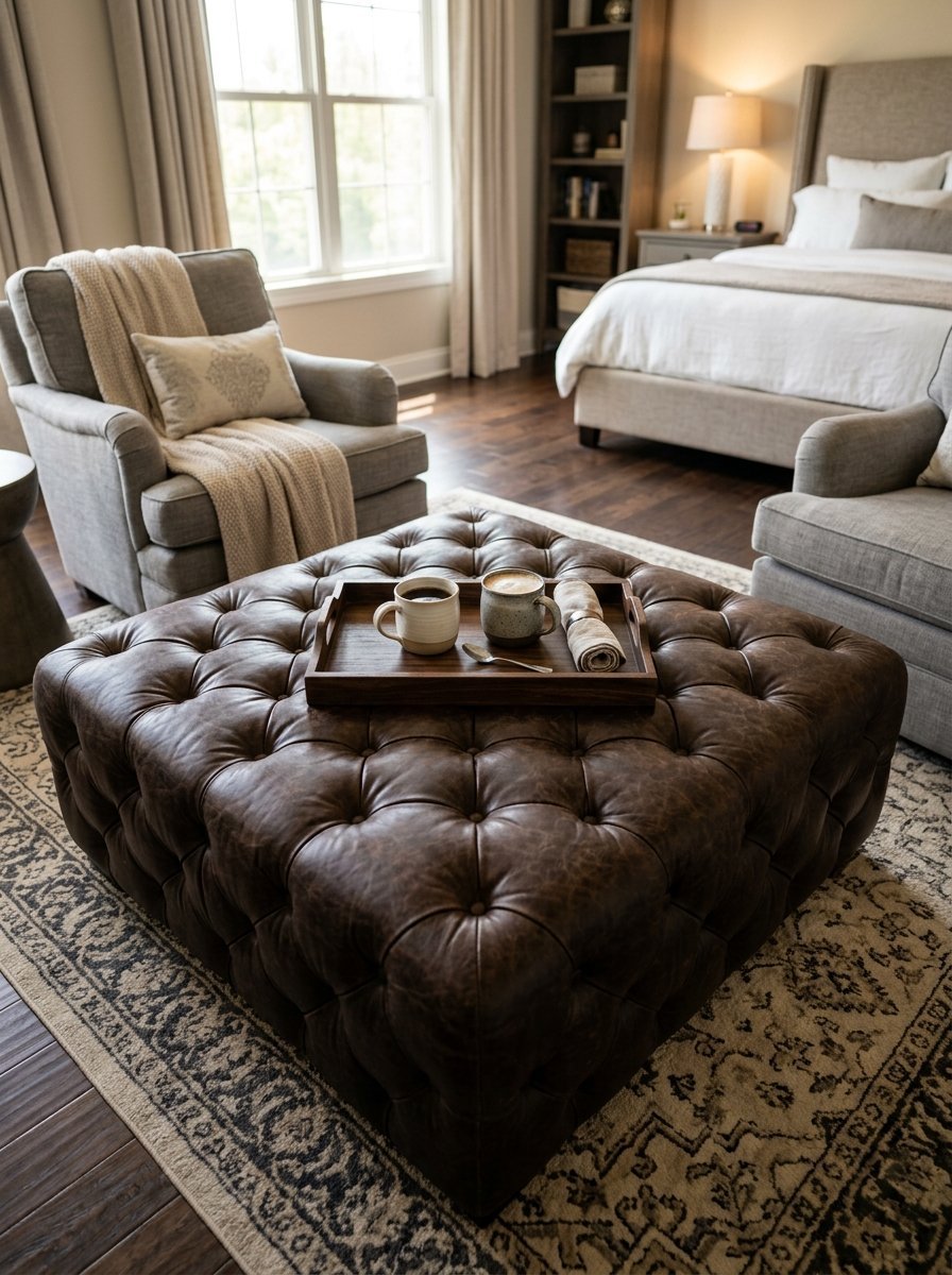 Brown tufted leather ottoman with a wooden tray holding mugs and a spoon in a cozy bedroom.