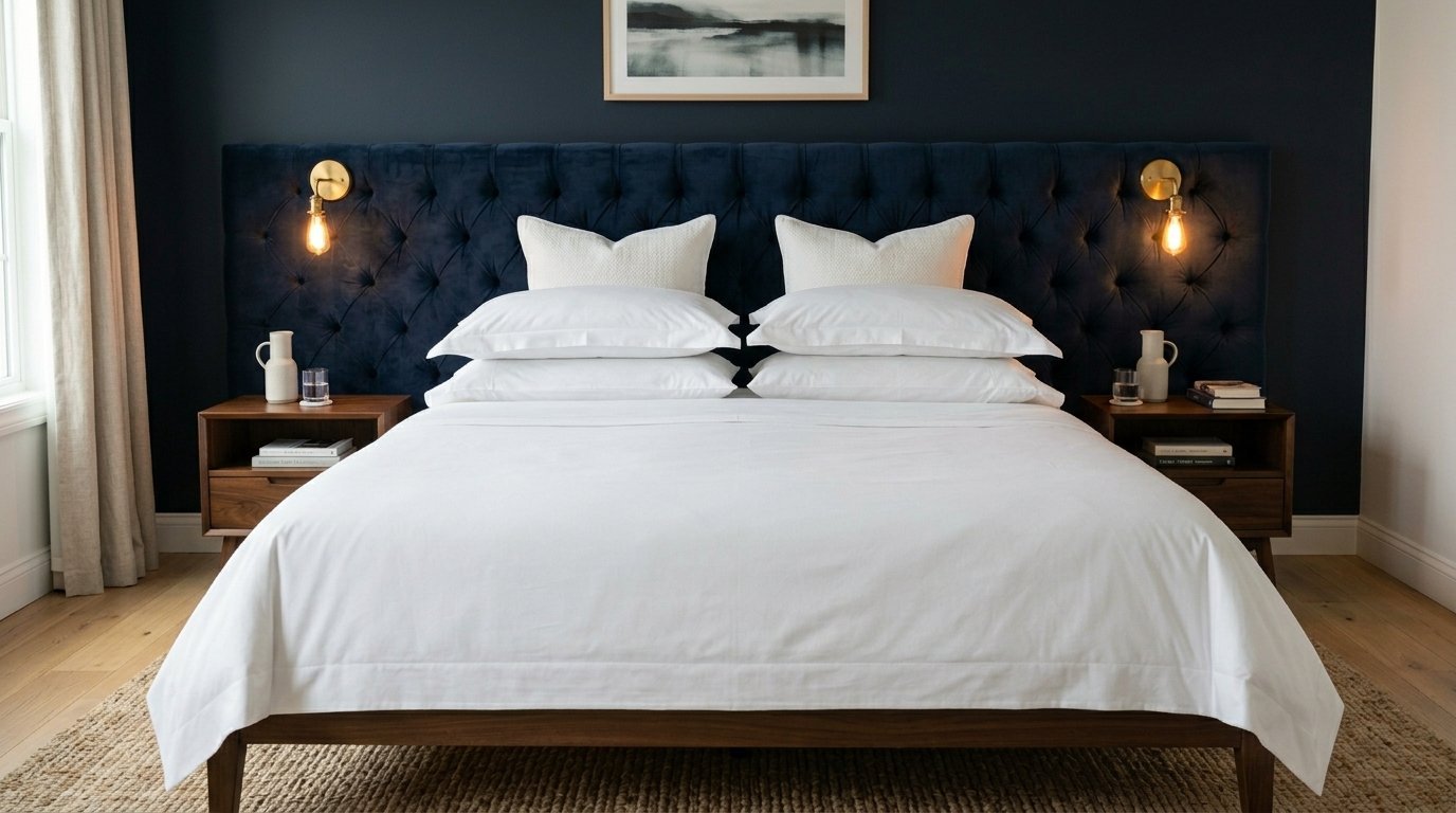 A bed with white bedding, stacked pillows, and a large dark blue tufted headboard against a navy wall.