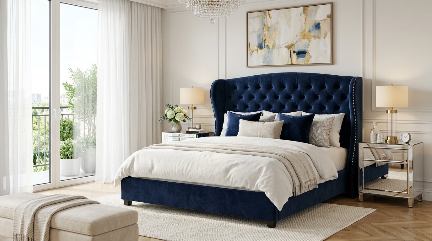 A navy velvet wingback bed with white bedding and mirrored nightstands in a sunlit bedroom.