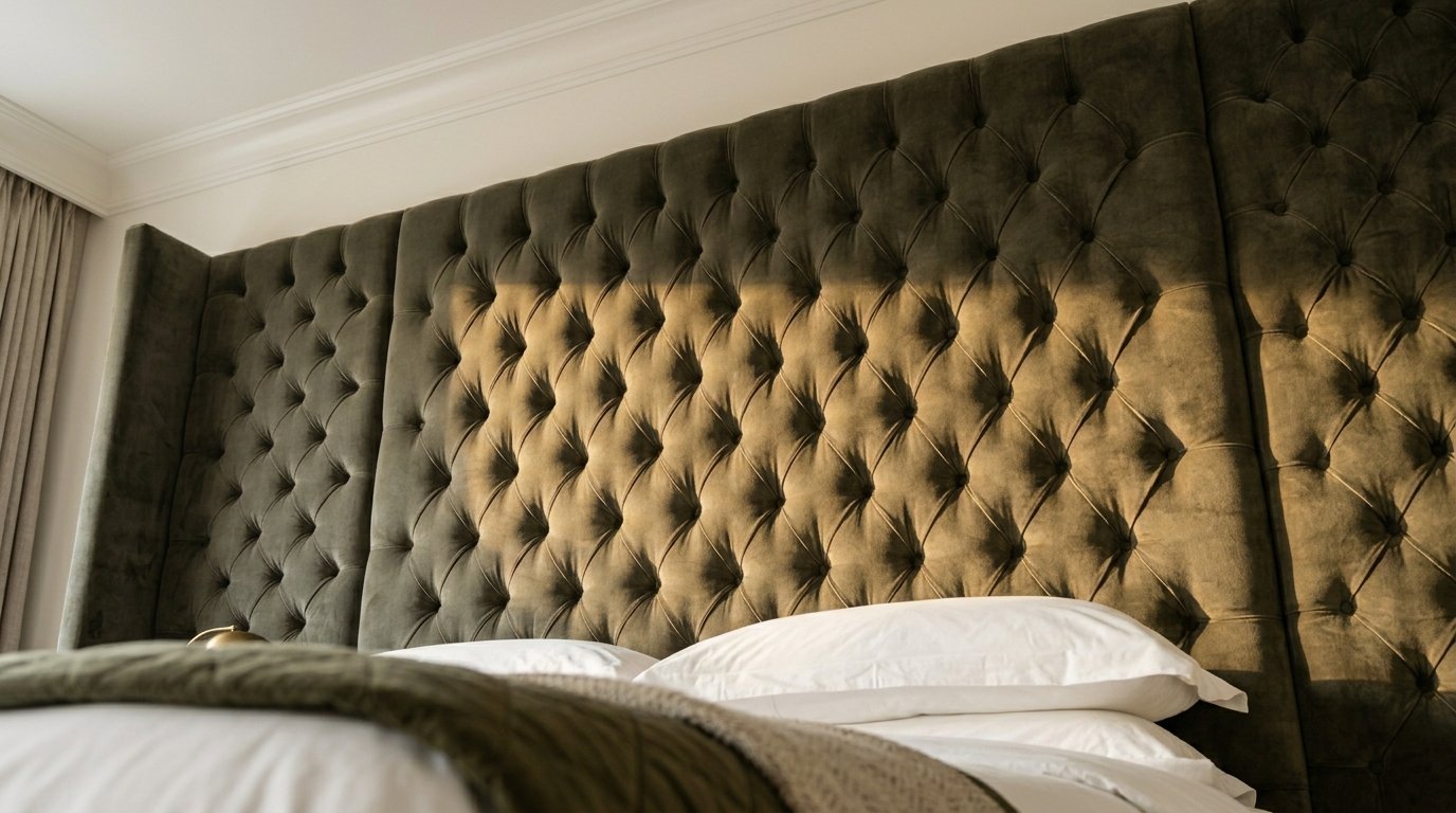 Close up of an oversized olive green upholstered headboard with button tufting and soft sunlight hitting the fabric.