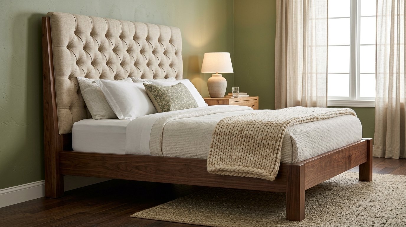 A beige button-tufted headboard attached to a solid walnut bed frame in a sage green bedroom setting.