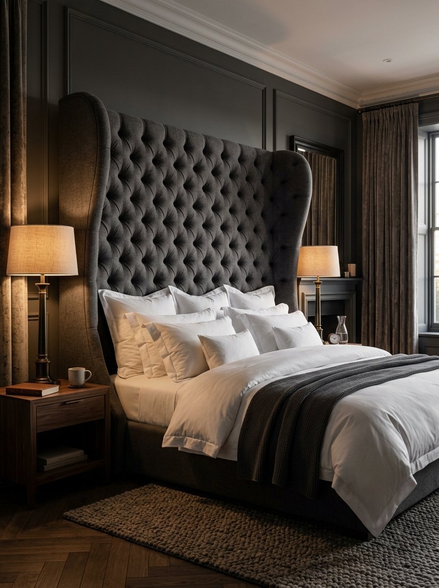 A luxurious bedroom featuring a tall, button-tufted grey wingback headboard and crisp white bedding.