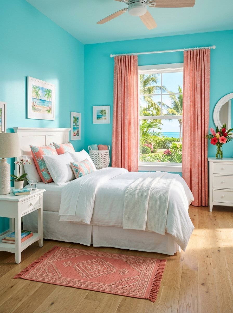 A bedroom with turquoise walls, a white bed, and coral patterned curtains looking out toward a sunny coastal view.
