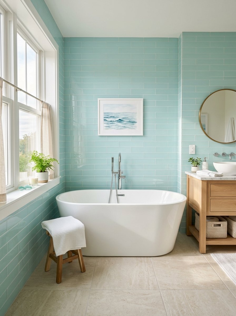 Modern bathroom with light blue subway tiled walls, white soaking tub, and wooden vanity with a circular mirror.