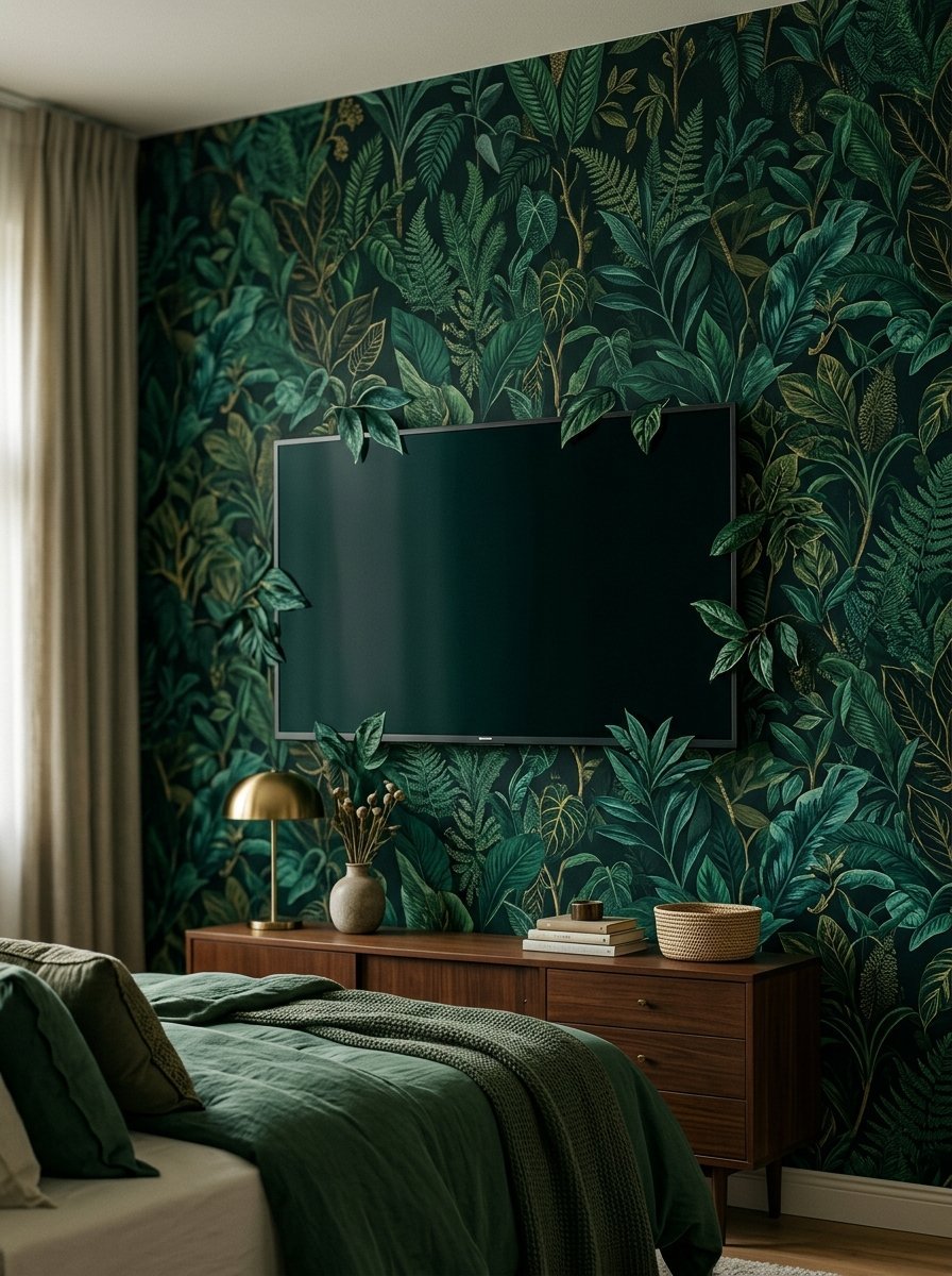 A flat screen television mounted on a wall covered in green jungle leaf patterned wallpaper above a walnut cabinet.