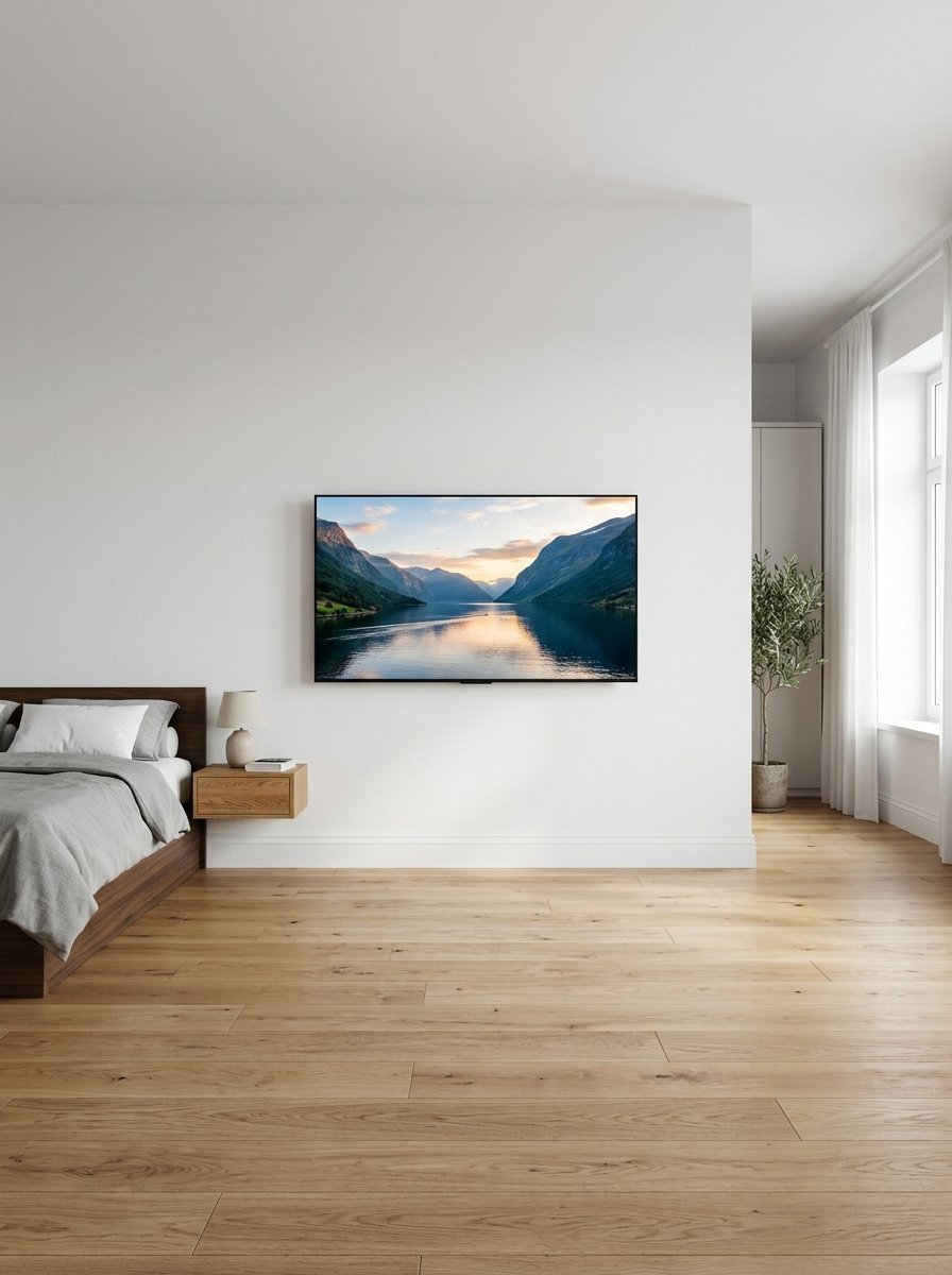 A flat-screen television displaying a mountain fjord landscape mounted on a white wall in a modern bedroom.