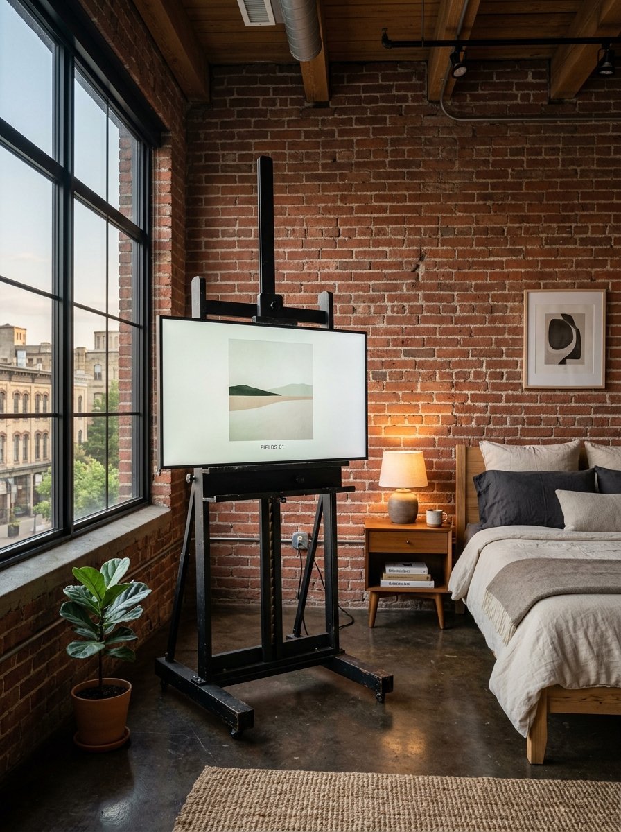 A flat screen TV displaying landscape art sits on a wooden artist easel inside a room with exposed brick walls.