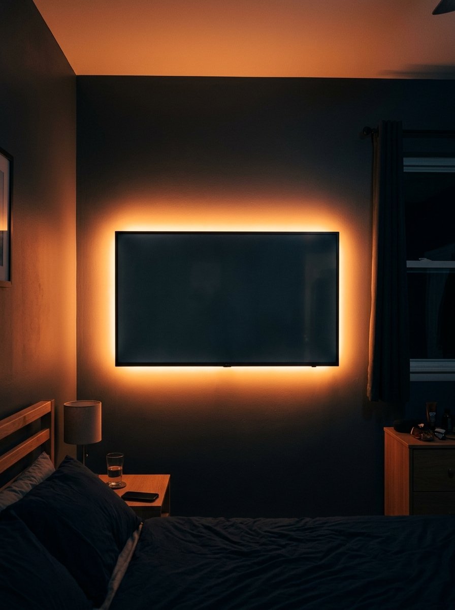 A dark bedroom with a flat screen TV on the wall illuminated by a bright orange light border.
