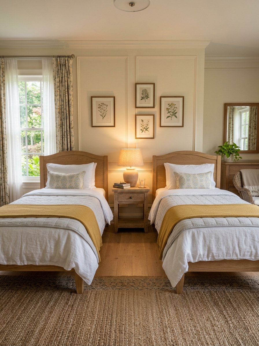 Two twin beds with mustard yellow throws and white linens flanking a small wooden nightstand in a neutral room.