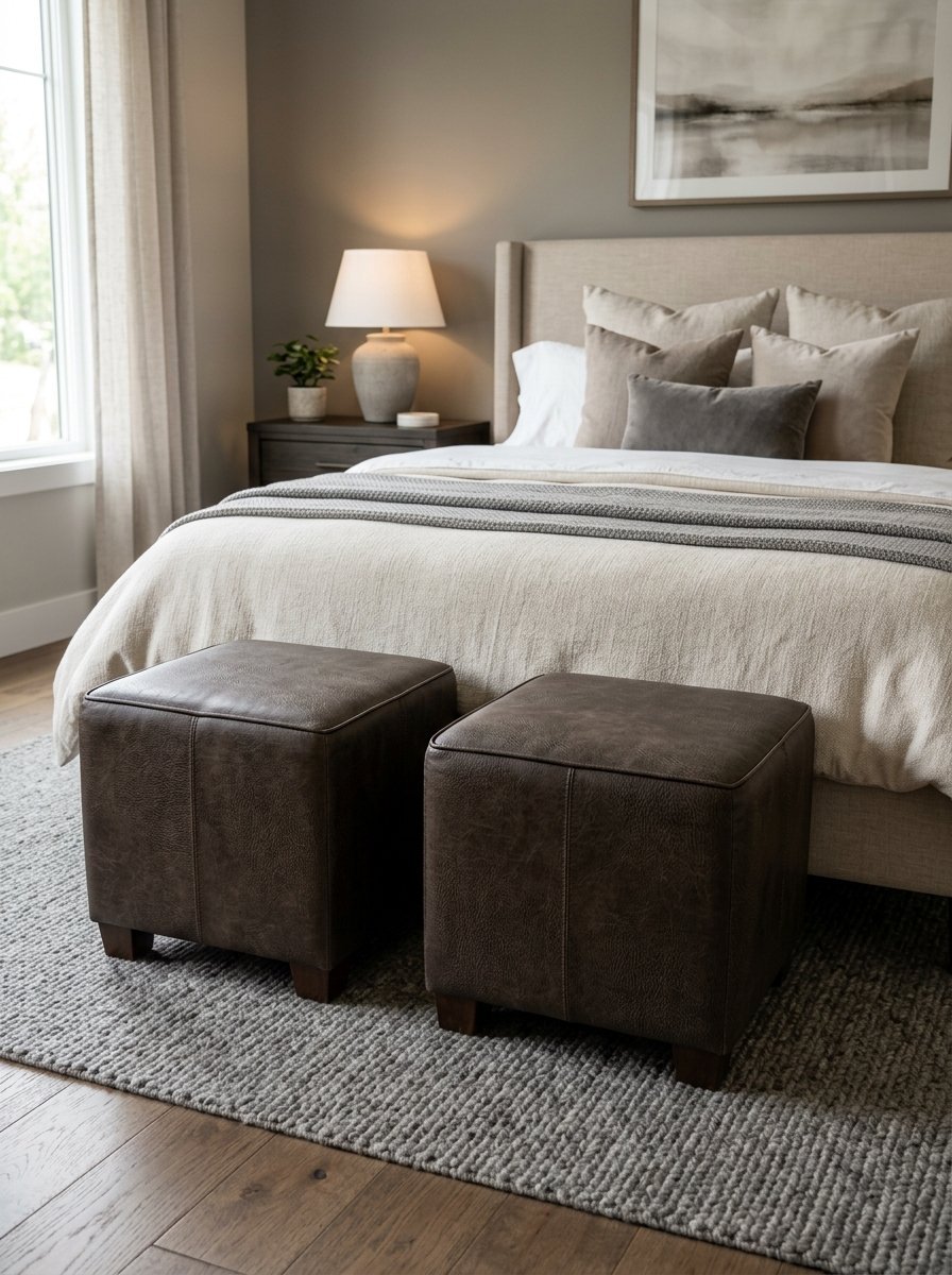 Two square dark brown leather stools positioned on a gray textured rug in a neutrally decorated bedroom.