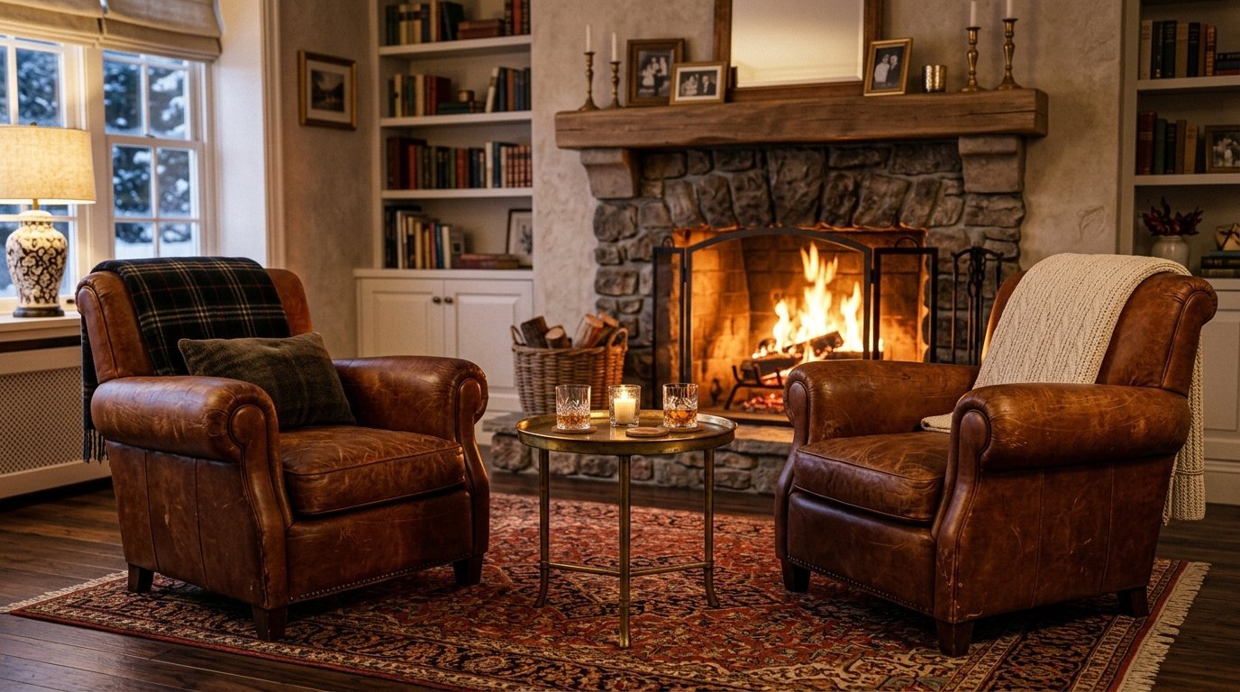 Two worn leather armchairs sit on an ornate rug facing a glowing fireplace in a wood-paneled room with bookshelves.
