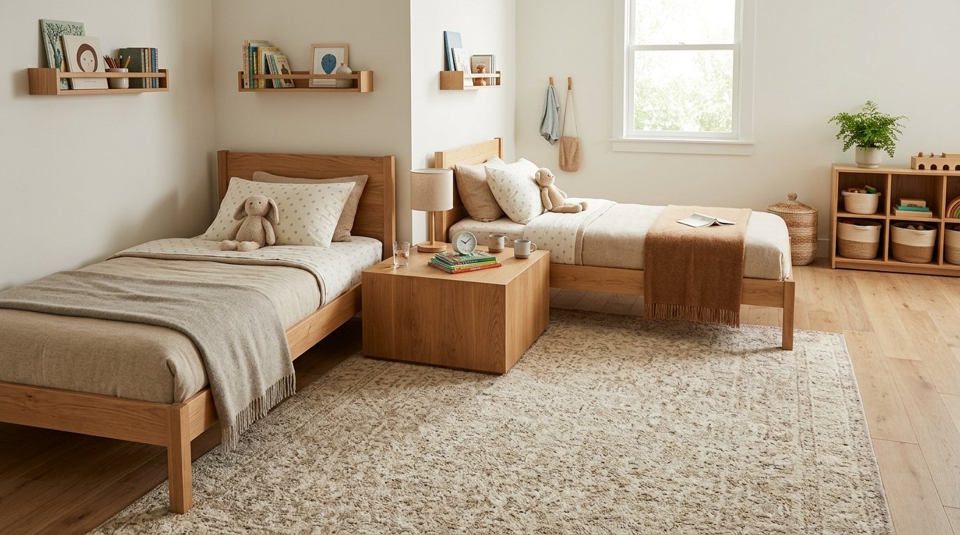 Two wooden twin beds with neutral bedding and a central nightstand in a bright bedroom.