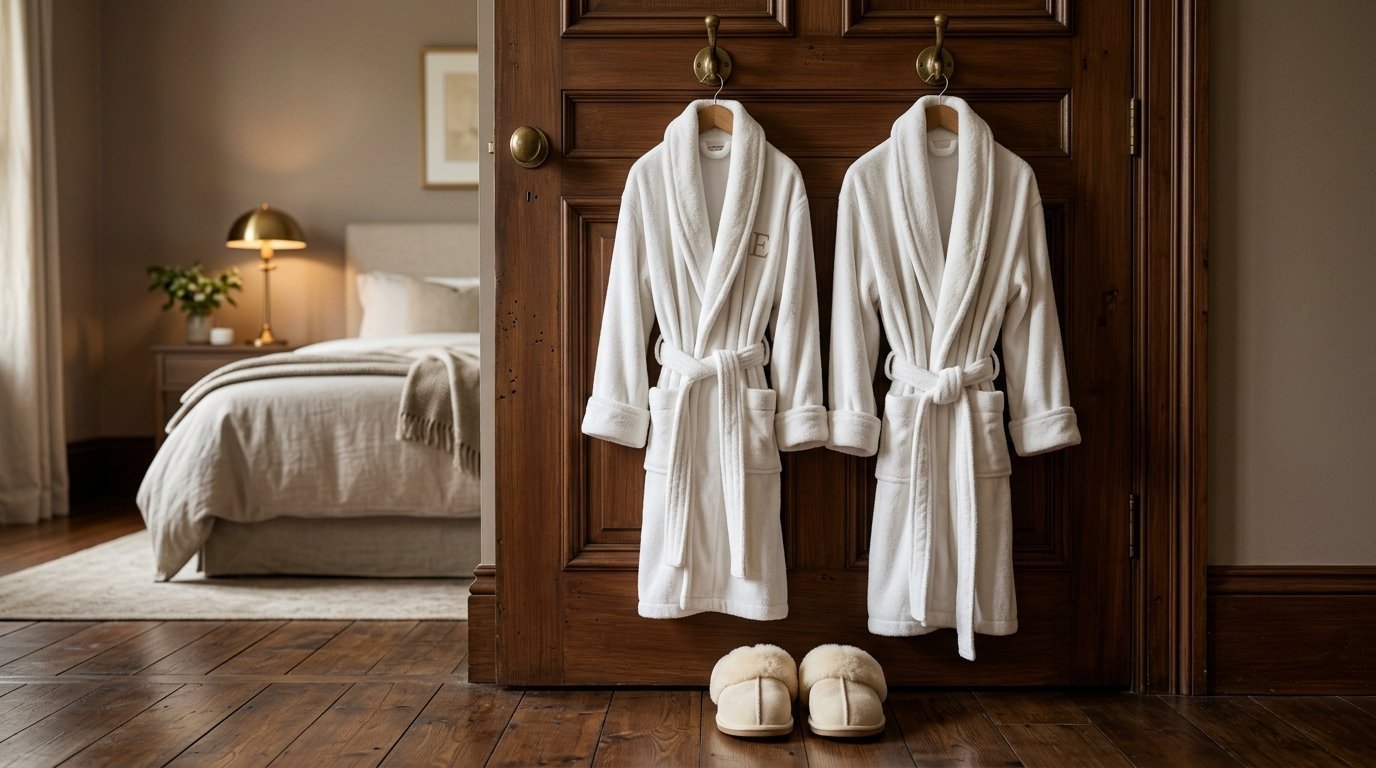 Two soft white hotel-style robes suspended from hooks with fuzzy slippers placed on the dark hardwood floor.