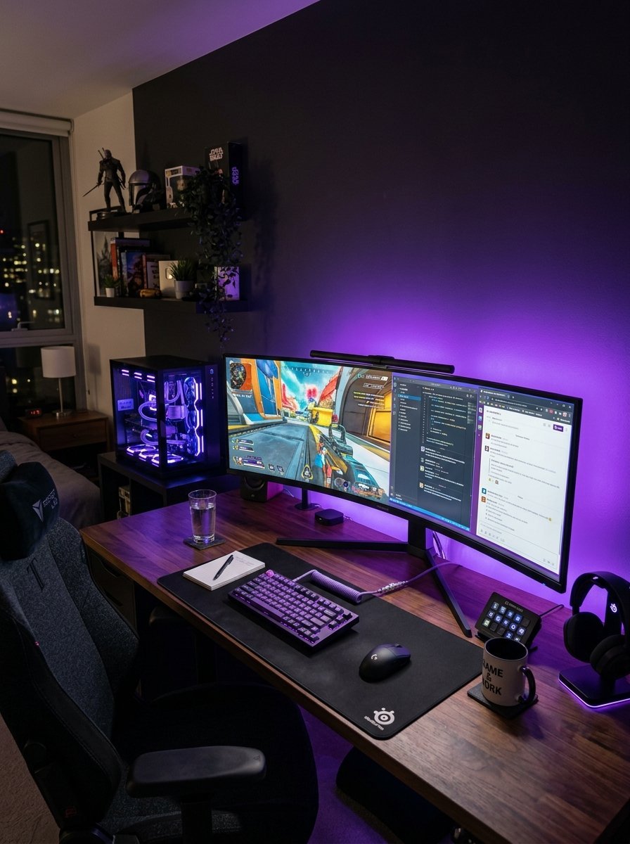 A dimly lit room with an ultrawide monitor displaying game code and a mechanical keyboard on a wooden desk.