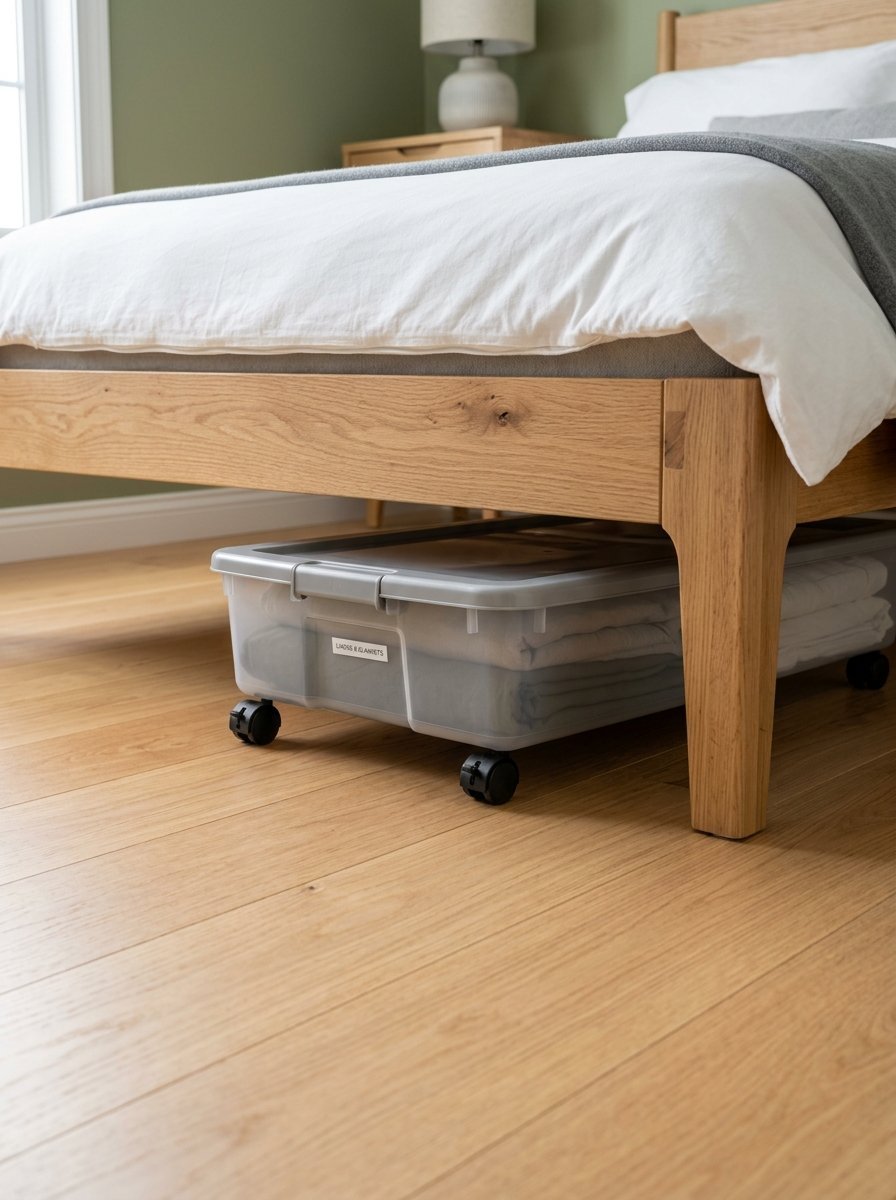 A rolling plastic container filled with folded linens stored beneath a modern oak bed frame on hardwood flooring.