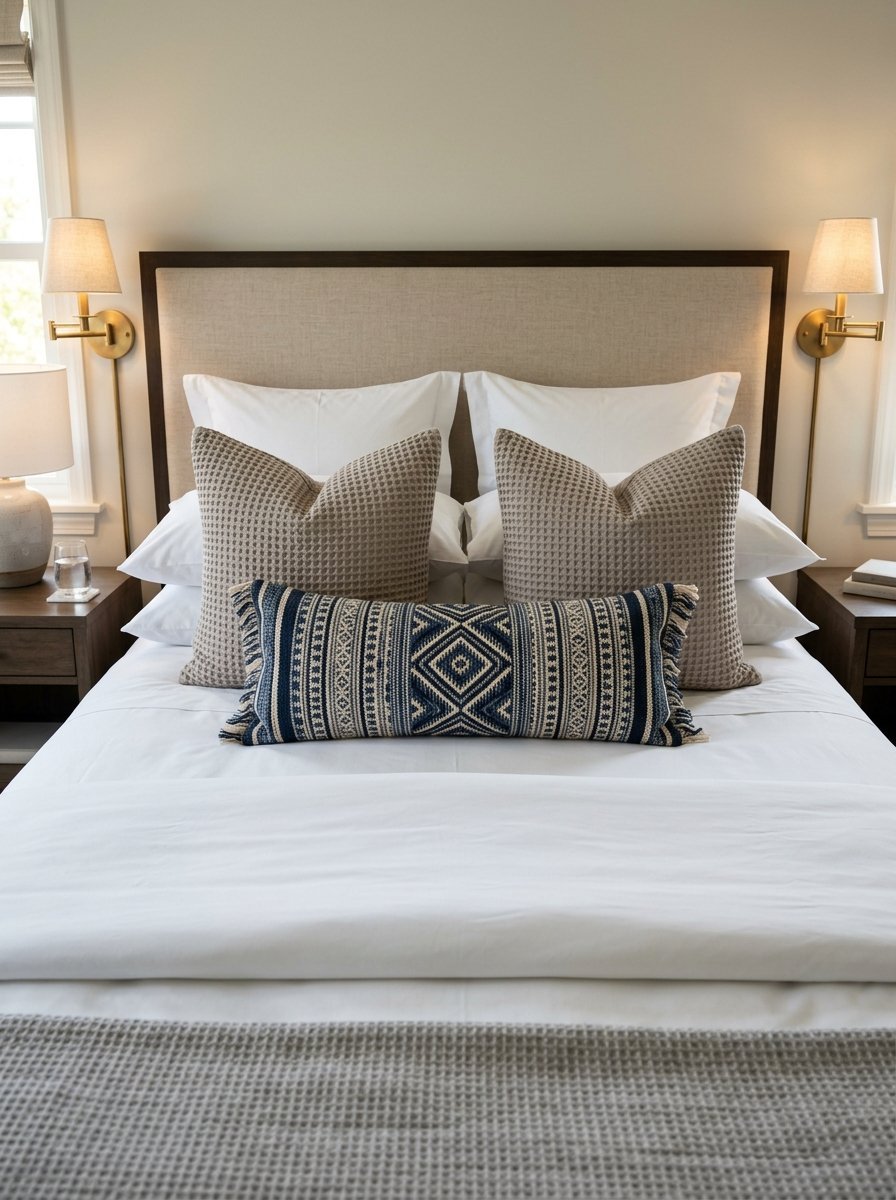 A made bed with tan upholstered headboard, waffle-weave pillows, and a long blue patterned lumbar pillow.