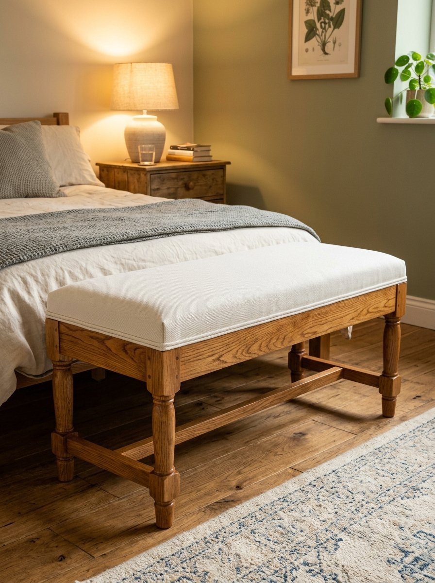 Close-up of a white cushioned wooden bench with turned legs in a cozy bedroom with warm lamp lighting.
