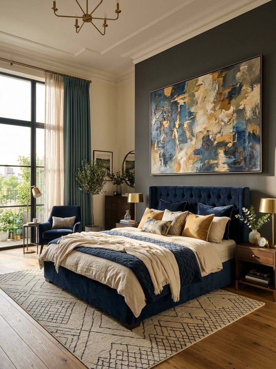 Modern bedroom with a tufted navy velvet bed, textured blue and gold wall art, and geometric patterned area rug.