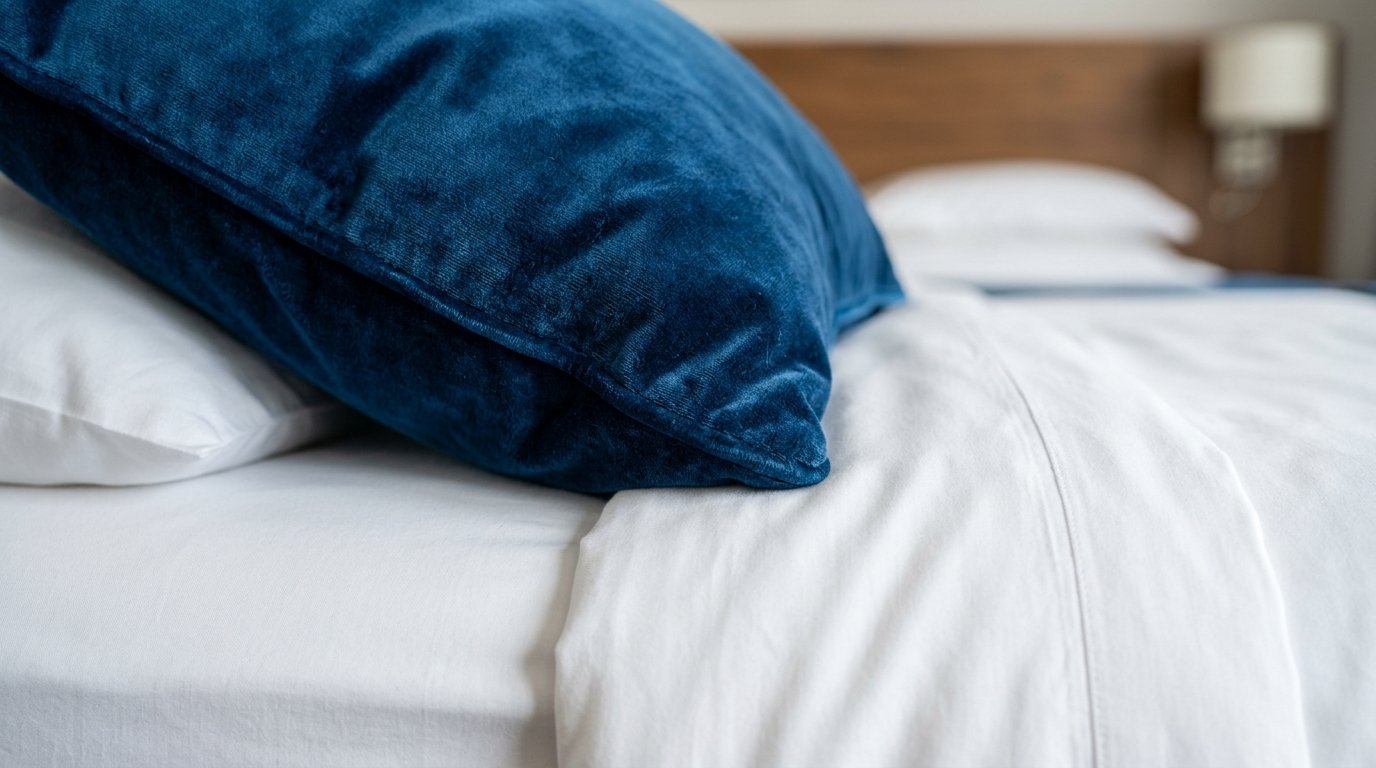 Close-up of a soft, deep blue velvet throw pillow resting on a crisp white bed sheet.